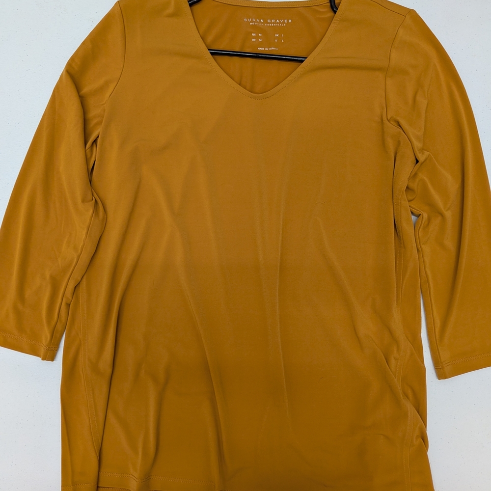 Susan Graver Mustard V-Neck Long Sleeve Tee